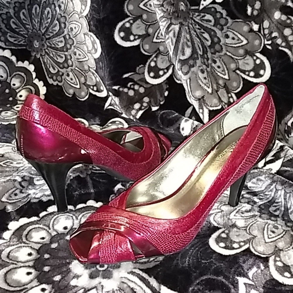 Dark Red Patent Snake Leather Peep-Toe Pump Heels